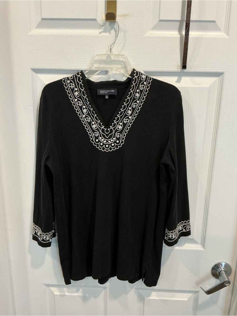Jones New York Black Tunic with White Embroidered V-Neck